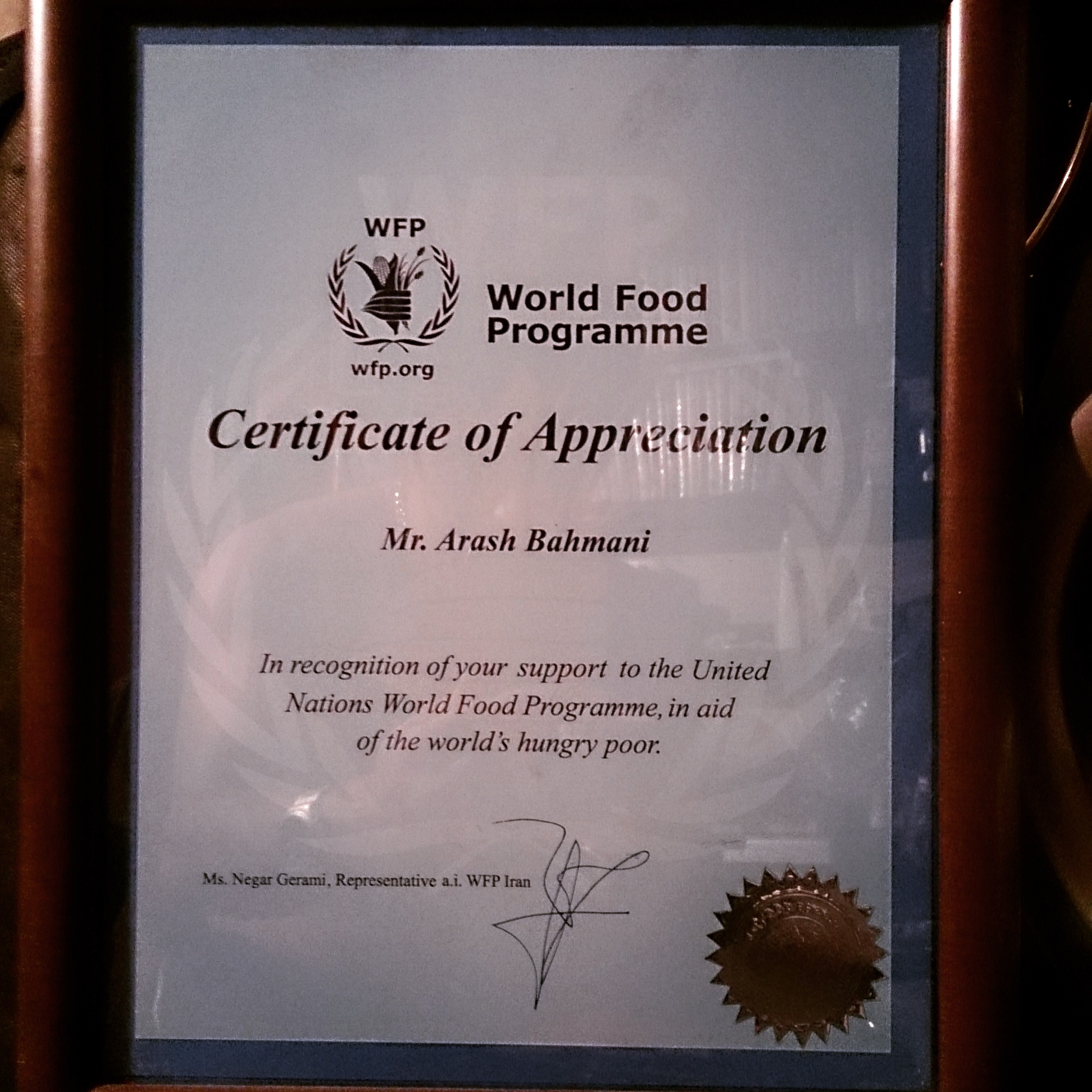 certificate of appreciation from WFP world food program to Arash Bahmani for making music video about poor and hungry people in the world - UN organization